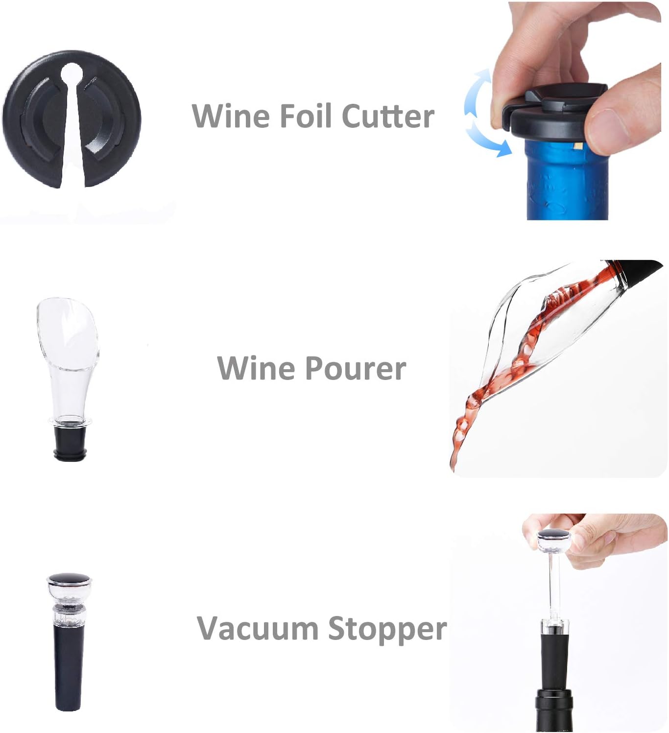 Automatic Bottle Corkscrew with Foil Cutter, Vacuum Stopper and Wine Aerator Pourer