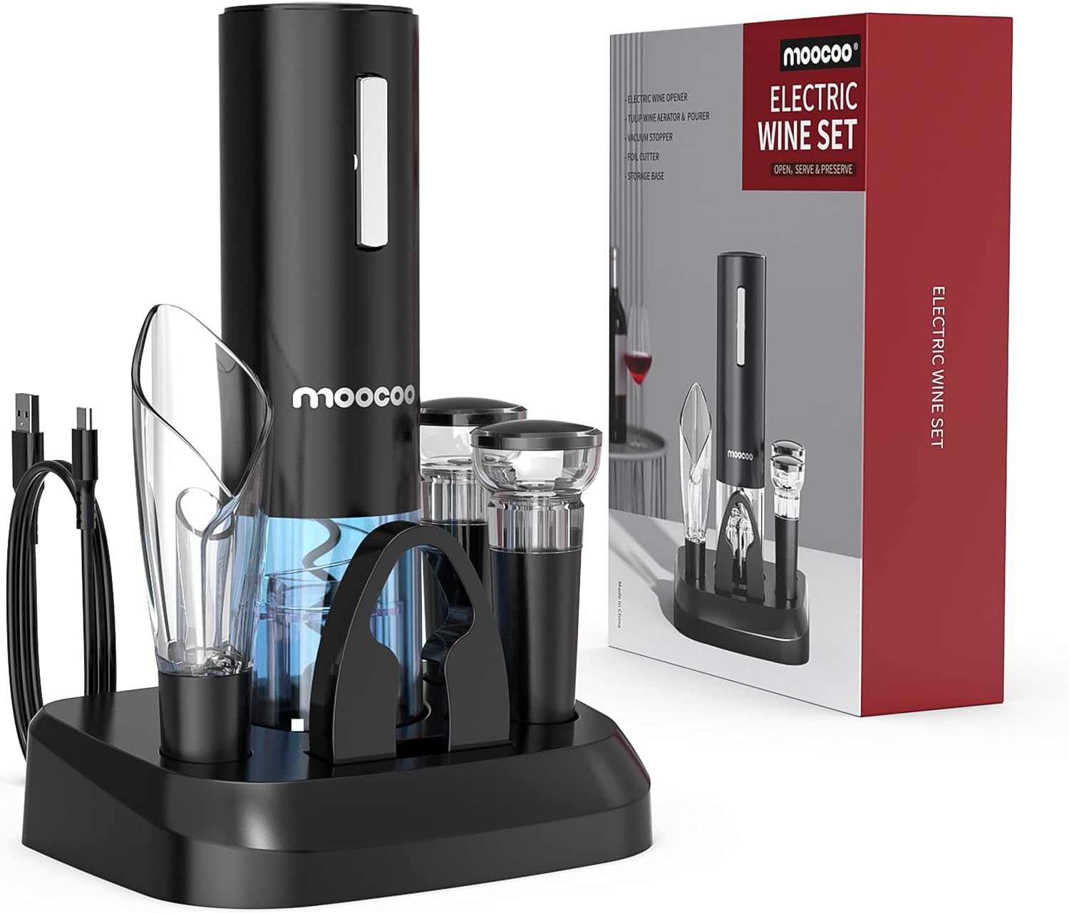 Cordless Electric Wine Bottle Opener with 2-in-1 Aerator &Pourer, Foil Cutter