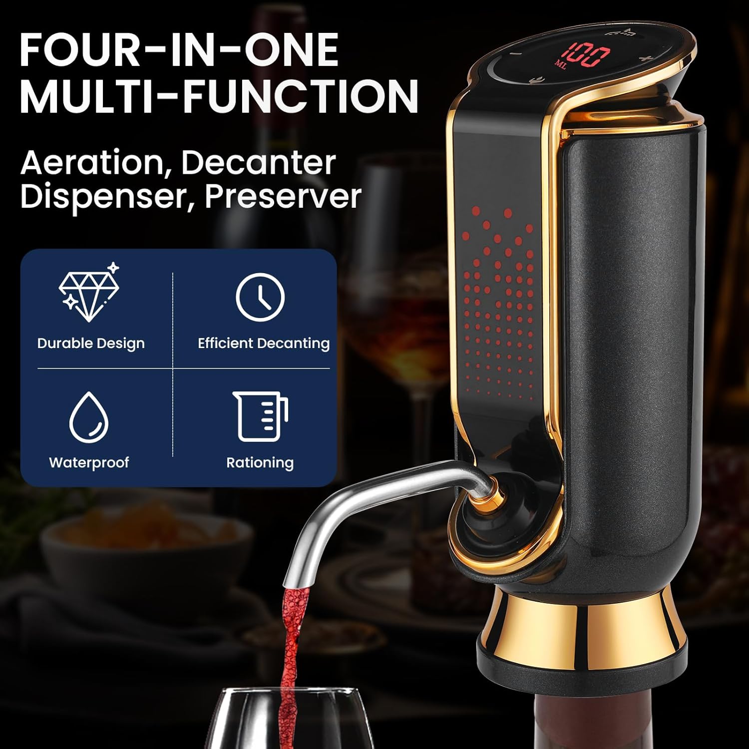 4-in-1 Electric Wine Aerator, Decanter, Dispenser & Vacuum Saver with LED Display