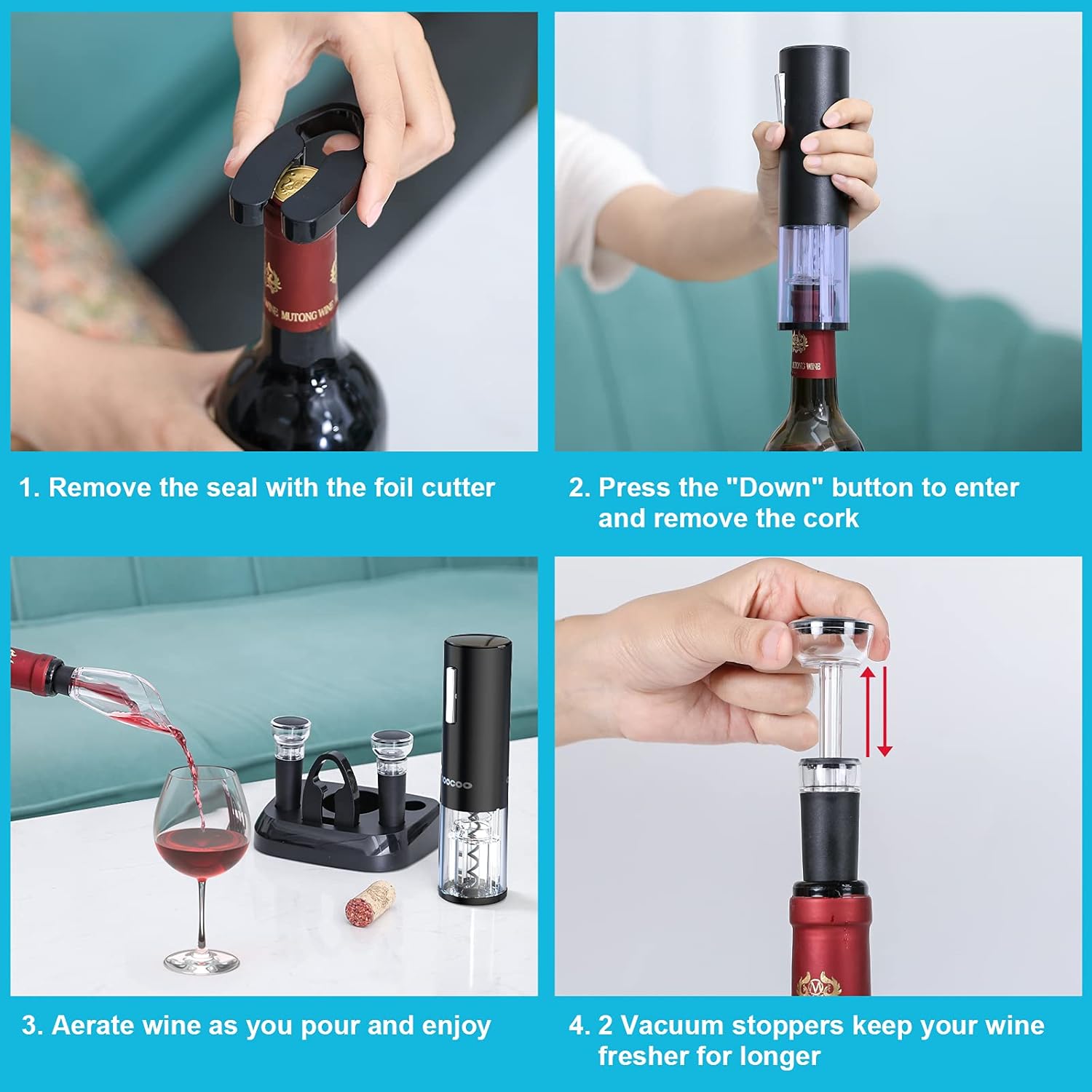 Cordless Electric Wine Bottle Opener with 2-in-1 Aerator &Pourer, Foil Cutter