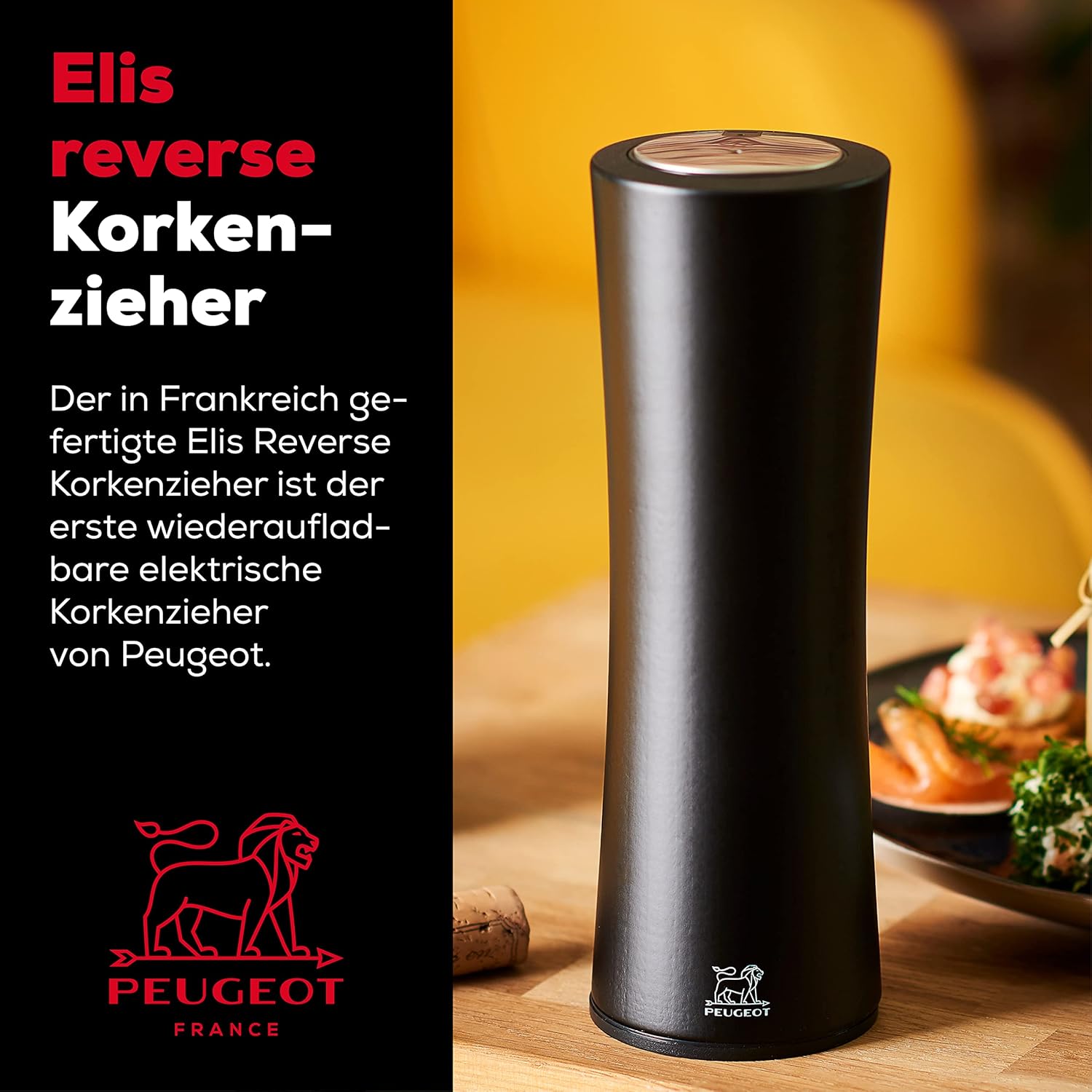 Elis Reverse Electric Corkscrew - Rechargeable Automatic Bottle Opener with Foil Cutter - Wood, Black, 8-inches